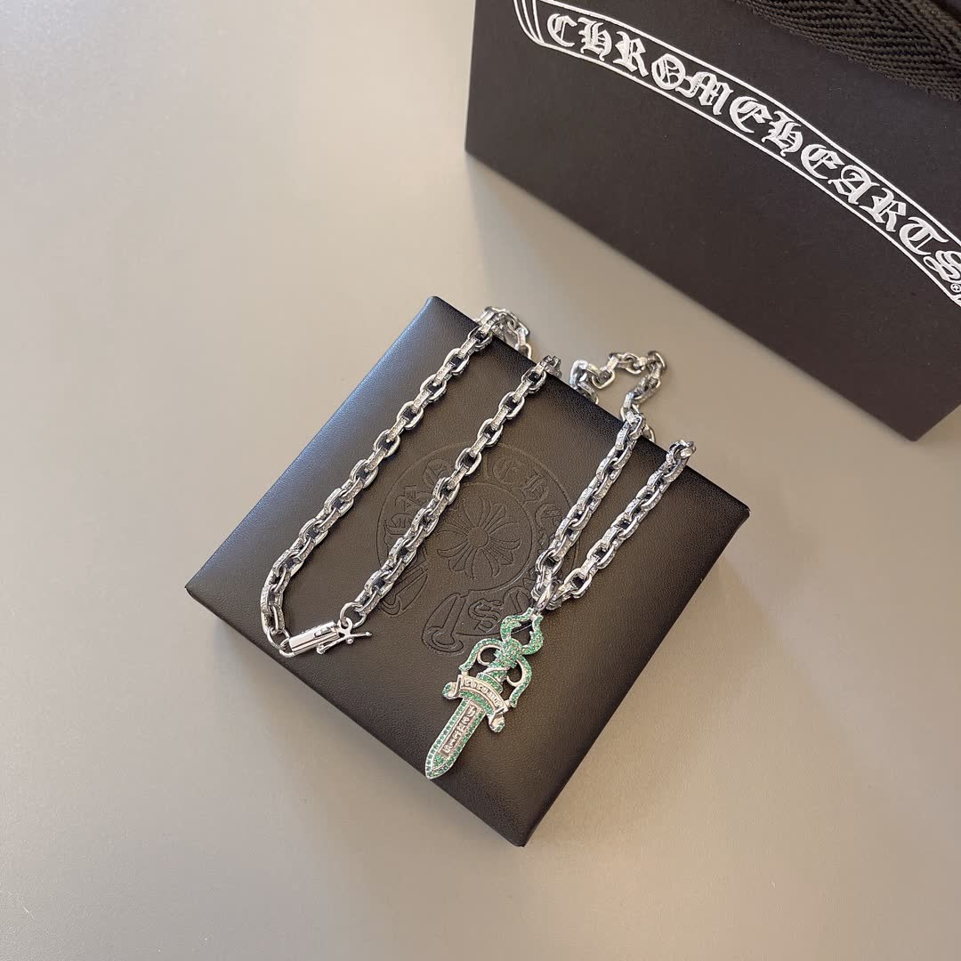 Chrome Hearts Silver Chain with Green Sword Pendant
